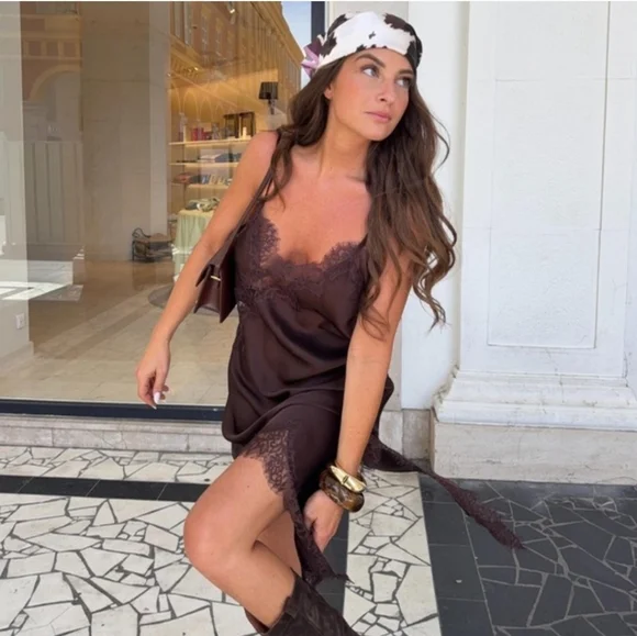 ZARA ASYMMETRIC LACE DRESS Brown Chocolate - Picture 7 of 16